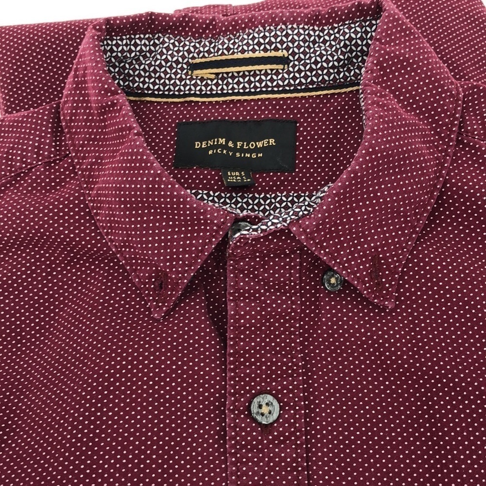 Denim & Flower Ricky Singh Button Down Shirt Size S Burgundy with White Polkadot